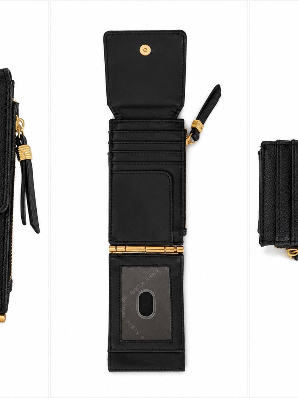 Anne Klein Black Leather Compact Wallet with Gold Hardware